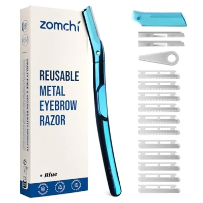 Afbeelding van OMCHI Wenkbrauwscheerapparaat, gezichtsscheerapparaat, voor dames, dermaplaning scheerapparaat, wenkbrauwscheerapparaat met 11 mesjes, blauw
