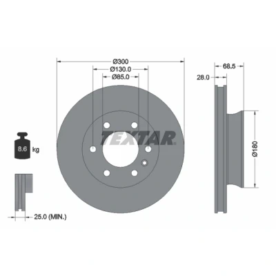Afbeelding van TEXTAR 92301203 Remschijf 300 28 06/07 130 interne ventilatie Gecoat Zonder wielbevestigingsbout, wielnaaf MERCEDES BENZ: Sprinter 3.5 t Tourer