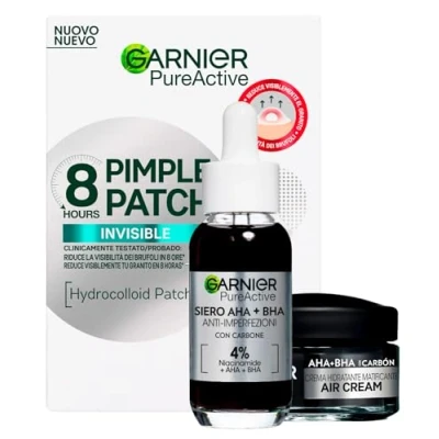 Afbeelding van Garnier PureActive Pimple 8 uur onzichtbare patch op de huid, 22 pleisters + AHA BHA matterende vochtinbrengende gezichtscrème met 50 ml houtskool anti onzuiverheden serum voor puistjesbehandeling
