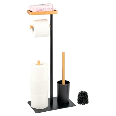 Afbeelding van eluno 4 in 1 toiletset, wc borstel, reserverolhouder, bamboe/metalen plaat (zwart)