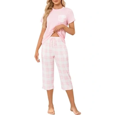 Afbeelding van Damespyjamaset, winterpyjama voor dames, katoenen pyjama korte mouwen en 3/4 broek, geruit, 2 delig, nachtkleding, herfst, comfort, Roze