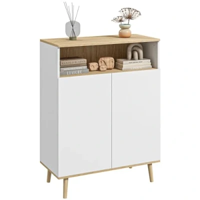 Afbeelding van HOMCOM Opbergkast, dressoir, keuken, met verstelbare plank, kast 2 deuren, 80 x 38 102 cm, Scandinavisch design, poten van massief hout, wit en houtlook