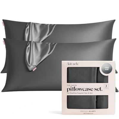 Afbeelding van Kitsch Set van 2 kussenslopen 100% satijn met ritssluiting, zachter dan zijde, voor je haar en huid, verfrissend, standaard/queensize, antraciet