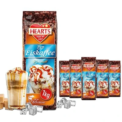 Afbeelding van HEARTS 5 blikjes karamel ijskoffiepoeder voor de zomer, snelle bereiding, oplosbaar, melkachtig, romig, stuks, voldoende 400 kopjes