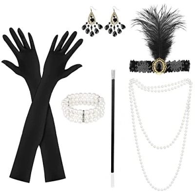Afbeelding van KEWUZY accessoires voor dames uit de jaren 20, feestkostuum en Great Gatsby, met hoofdband klep, handschoenen, parelketting, oorbellen, Halloween Kerstmis, set van 6
