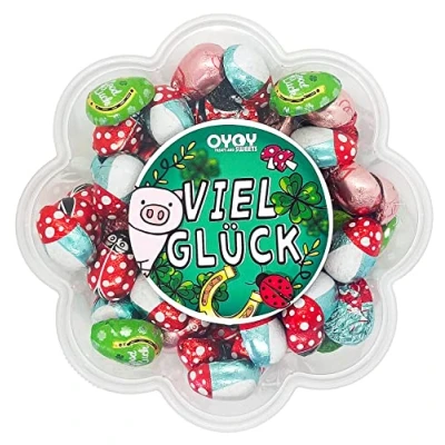 Afbeelding van 500 g melkchocolade geluksbrenger I ca. 65 stuks FairTrade cacao in geschenkdoos &quot;Viel Glück&quot; bloemenbox ideaal voor het verzenden van een kleine groetboodschap