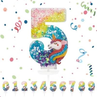 Afbeelding van Verjaardagskaarsen, cijfer 5, regenboog, eenhoorn, taartdecoratie, voor meisjes en jongens