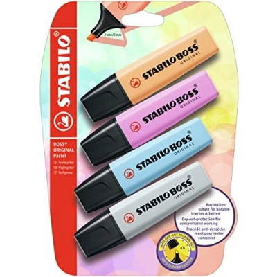 Image de STABILO Surligneur BOSS ORIGINAL Pastel blister x 4 surligneurs abricot, bleu, mauve, gris