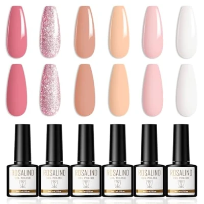 Afbeelding van ROSALIND semi permanente nagellak, 6 kleuren, uv gel, donkerroze, glitter, lichtroze, wit, UV/LED, French manicure, voor nail art, permanent, 8 ml