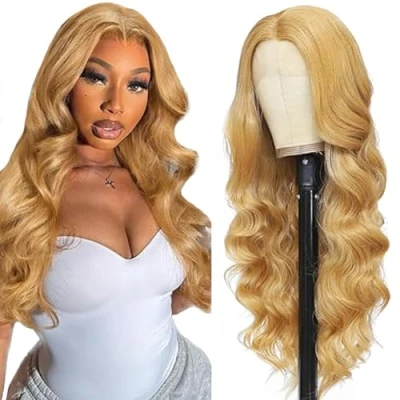 Afbeelding van Tuheerst 4X4#27 Pruik van echt haar voor dames, blond, golvend, Zwitserse kant, Remy menselijk haar, voorgekruld, natuurlijke haarlijn, 50,8 cm