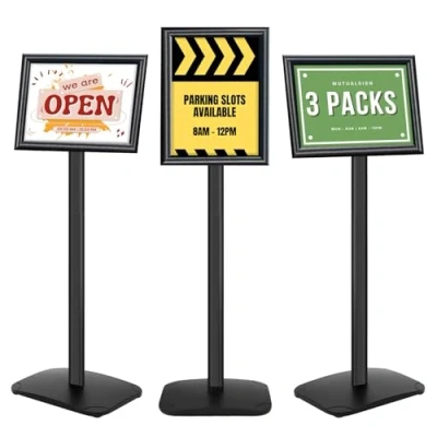 Afbeelding van Mutualsign Set van 3 robuuste A4 displaystandaard met stabiele basis, staande posterstandaard voor menu/kennisgevingen/weergave, welkomstbordhouder buiten, zwart