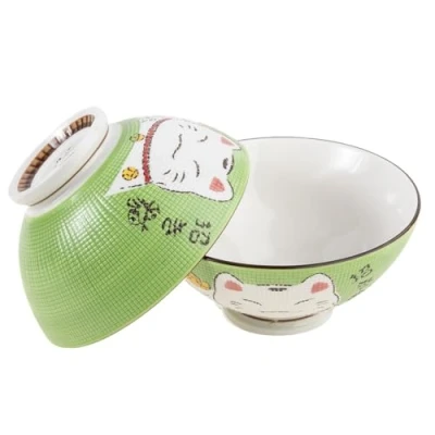Afbeelding van lachineuse 2 soep of ramenkommen Maneki Neko Design Groen Duo Multifunctionele kommen Porselein Japanse decoratie Cadeau idee Japan Azië