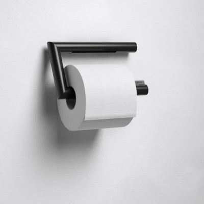 Afbeelding van KEUCO Papierhouder voor toiletten van metaal, zwart mat gepoedercoat, lijm of boren, wc rolhouder met rolrem badkamer en gastentoilet, Reva Black Selection