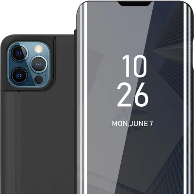 Afbeelding van Cadorabo Hoesje geschikt voor Apple iPhone 12 PRO MAX in TOERMALIJN ZWART Clear View Spiegel Beschermende Case met Tribunefunctie 360 Graden Bescherming Book Cover Etui