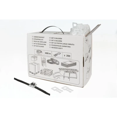 Afbeelding van Zwart PP band 12mm X 0,55mm In Dispenserdoos Incl. 200 Gespen (1 Rol + Kunststof Gespen)