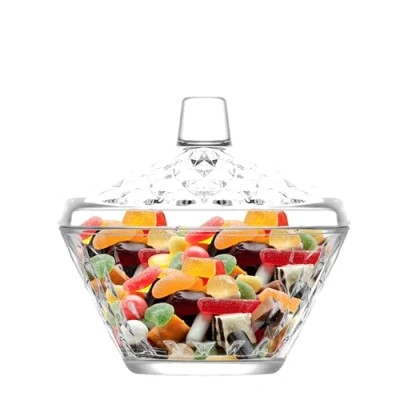 Afbeelding van La V Suikerpot van transparant glas, met deksel, elegant, voor koekjes, volume, 32 cl, hoogte 12 cm, vaatwasmachinebestendig, gemaakt in Turkije