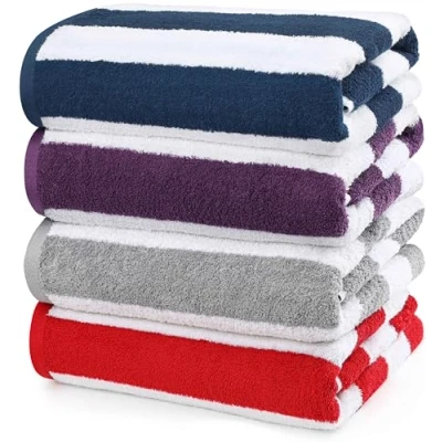 Afbeelding van Utopia Towels Cabana Stripe Strandlakens (76 x 152 cm) 100% ringgesponnen katoen, grote strandlakens, zachte en sneldrogende badhanddoeken (4 stuks) (rood, marineblauw, grijs, pruim)