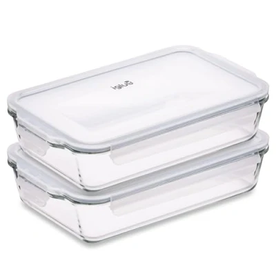 Afbeelding van Igluu Meal Prep Set van 2 glazen lasagneschalen met luchtdicht deksel druksluiting Grote rechthoekige ovenschaal BPA vrij, magnetron, vriezer en vaatwasser 2,2 l