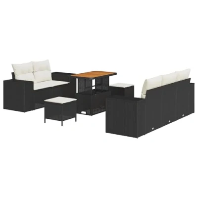 Afbeelding van vidaXL 8 delige tuinbankset met kussens zwart poly rattan acacia, 3 tuin eetset acacia