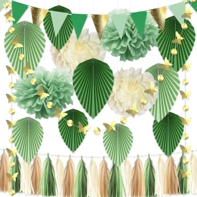 Afbeelding van YBwanli Babyshower decoratie doop, gender reveal party, zomerdecoratie, verjaardag, slinger met papieren bal, decoratie, voor de slaapkamer, bruiloftsdecoratie, groen papier, veelzijdig en