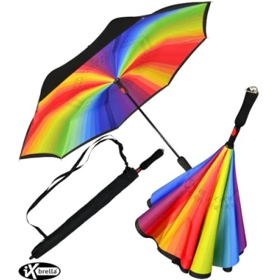 Afbeelding van iX brella Omgekeerde paraplu met automatische opening aan de achterkant, Zwart/Veelkleurig