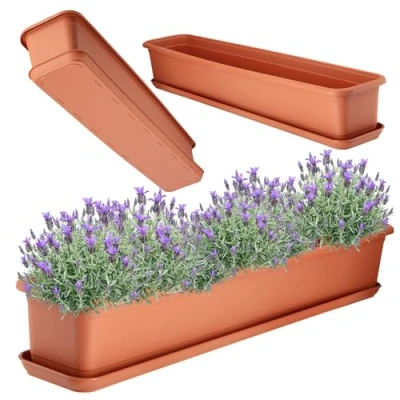 Afbeelding van KADAX plantenbak met onderzetter, balkonbak van kunststof, voor binnen en buiten, bloempot balkon, terras, vensterbank (80 cm, terracotta)