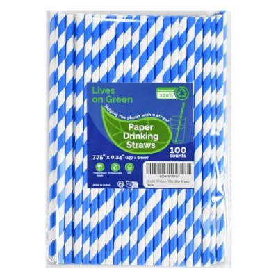 Afbeelding van Lives on Green 100 stuks papieren rietjes, wegwerprietjes, blauw, gestreept, drinkrietjes, 19,7 cm, composteerbaar, voor cocktail, koffie, sap