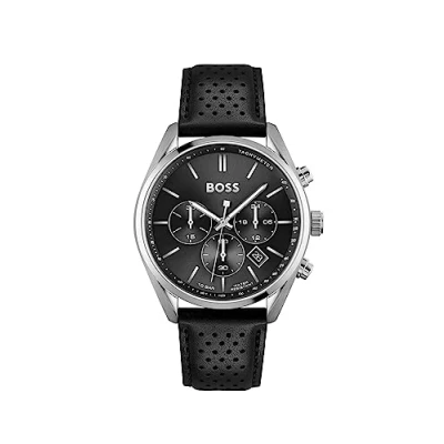 Afbeelding van BOSS Herenhorloge Chronograaf Champion, Zwart &amp; Zilver, Leder