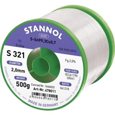 Afbeelding van Stannol S321 2,0% 2,0MM SN99,3CU0,7CD 500G Soldeertin, loodvrij Loodvrij, Spoel Sn99,3Cu0,7 ORH1 500 g 2 mm