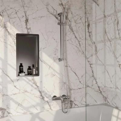 Afbeelding van Brauer Brushed carving Badkraan Opbouw glijstang 2 functies knoppen handdouche staaf 1 stand PVD geborsteld RVS
