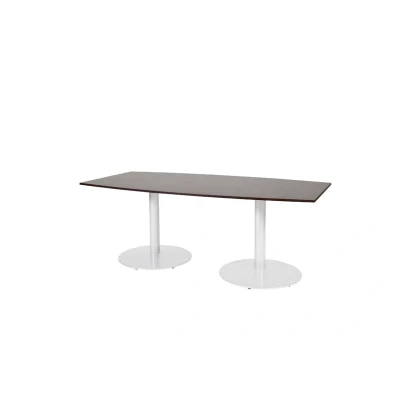 Afbeelding van Linesto 200x100cm tonvormige vergadertafel op vaste hoogte (74cm) met logan eiken 25mm blad en witte (RAL9010) trompetvoeten