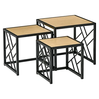 Afbeelding van HOMCOM Set van 3 verzonken salontafels, industriële stijl, metaal, zwart, licht houtlook, stuks