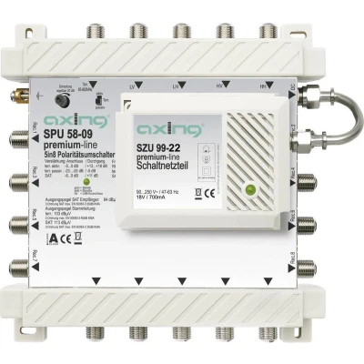 Afbeelding van Axing SPU 58 09 satelliet multiswitch Ingangen (satelliet): 5 (4 / 1 terrestrisch) Aantal gebruikers: 8 Standby functie, geschikt voor Quad LNB
