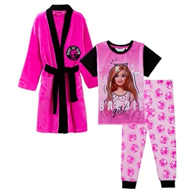 Afbeelding van Barbie badjas + bijpassende pyjama voor meisjes, 3 delige set, Roze pyjama,
