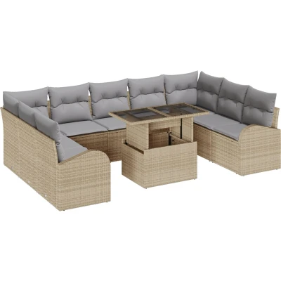 Afbeelding van vidaXL 10 delige tuinbankset met kussens beige poly riet, 2 zits tuinbank opslag en riet
