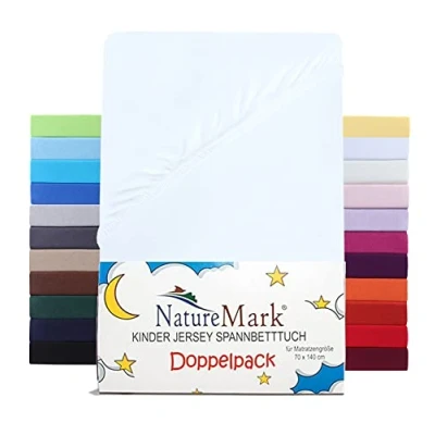 Afbeelding van NatureMark Jersey hoeslaken voor kinderen, set van 2, 100% katoen, babybed en kinderbed, 70 x 140 cm, wit
