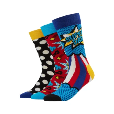 Afbeelding van Happy Socks heren Super Dad sokken in 3 pack giftbox de kleur Blauw, maat: 41 46