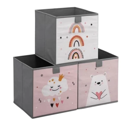 Afbeelding van Navaris opbergdozen voor kinderen Set van 3 opbergboxen met treklus 28 x cm Opvouwbaar Opbergmanden in roze/wit dierenmotief