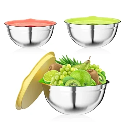 Afbeelding van Newpop Set van 3 roestvrijstalen saladekommen met luchtdicht deksel, 2,5 l, 2 1,4 stapelbaar en vaatwasmachinebestendig, voor mengen serveren