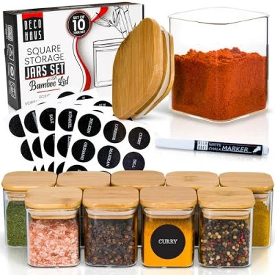 Afbeelding van Deco haus® 10 stuks vierkante kruidenpotjes met kruidenetiketten, houten deksel voor je specerijen,