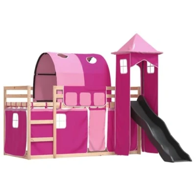 Image de vidaXL Lit superposé avec toboggan et rideaux rose 90x190 cm