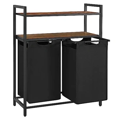 Afbeelding van VASAGLE Wasmand, mand met 2 vakken, bak, opbergplanken, afneembare zakken, volume van elke zak 46 l, voor badkamer, bijkeuken, rustiek bruin en zwart BLH211B01