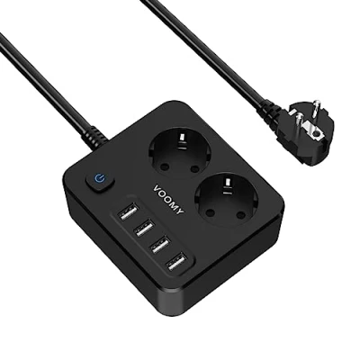 Afbeelding van Voomy Stekkerdoos met 4 USB poorten Aan/Uit Schakelaar 2 Stopcontacten 6 Voudig Zwart