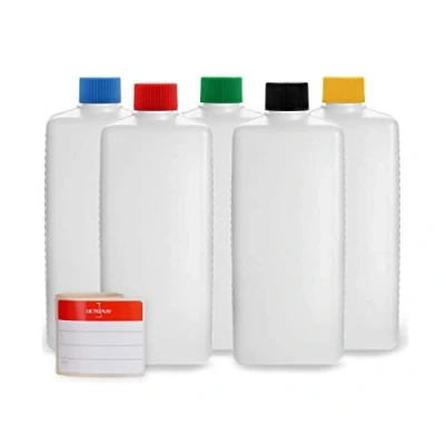 Afbeelding van Octopus 5 stuks 500 ml HDPE plastic flessen met gekleurde schroefdoppen, lege schroefdeksels, vierkante etiketten
