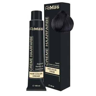 Image de FemMas Teinture pour cheveux, crème professionnelle, à l&#039;huile d&#039;argan, kératine, céramides, coloration permanente, résultats de couleur éclatant et durable, marron moyen, cendré 4.1, 100 ml.