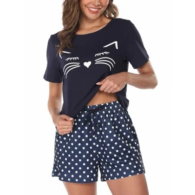 Afbeelding van Reliwel Zomerpyjama voor dames, katoen, korte pyjama, tweedelige pyjama met schattige kat, mouwen en shorts, alle seizoenen, Blauw