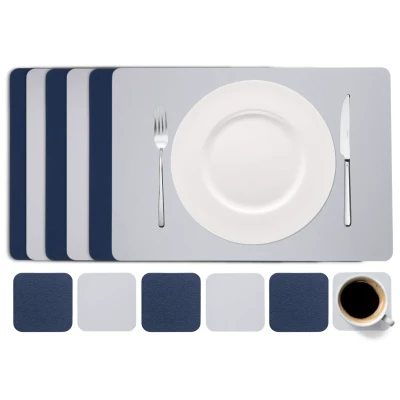 Afbeelding van Cookinglife 6 Placemats + Onderzetters Vegan leer Blauw / Grijs 12 stuks