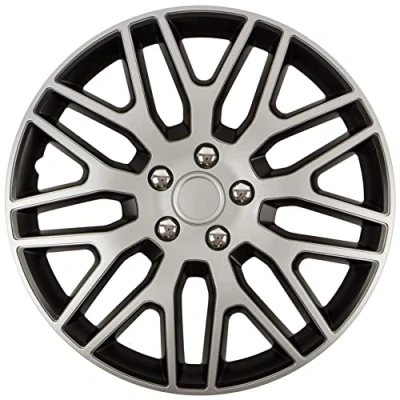 Afbeelding van SUMEX Set van 4 wieldoppen 14 inch Delaware Nuts chroom Zilver, zwarte afwerking en slagvast ABS, duurzaam betrouwbaar, met verstelbare klemring