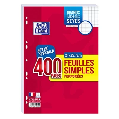 Image de OXFORD Lot de 400 Pages Feuilles Simples Grands Carreaux Seyes Format A4 (21x29,7cm) Perforees, Blanches