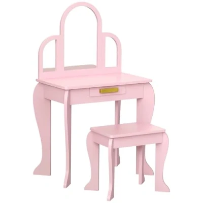 Afbeelding van HOMCOM Make uptafel voor kinderen met kruk 3 spiegels en lade tot 6 jaar 52 x 32 85 cm roze